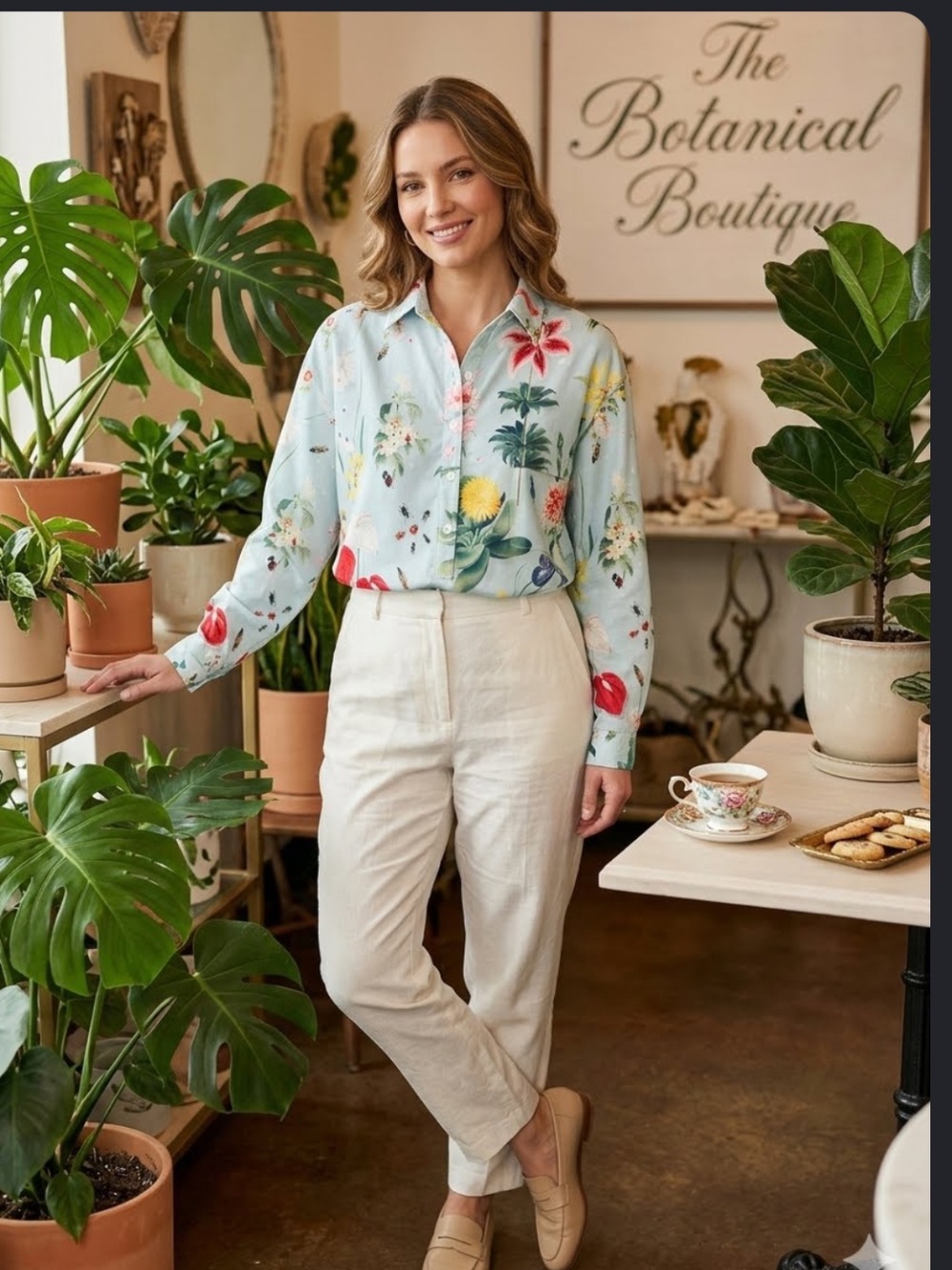Charming Boutique Light Blue Floral Half Button Down -Front Blouse NWOT size M